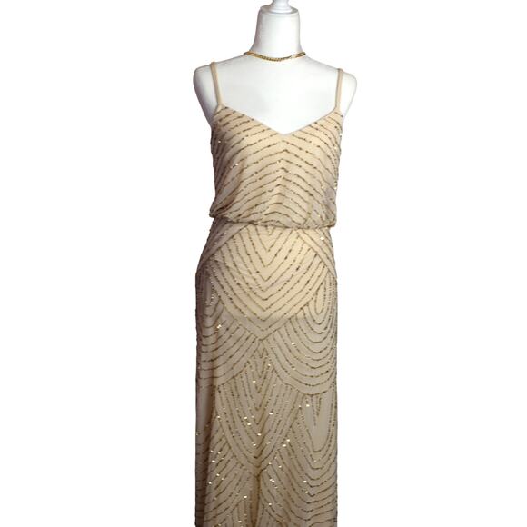 Adrianna Papell Art Deco Beaded Blouson Gown Champagne Nude Evening Dress US 4 - Picture 3 of 7